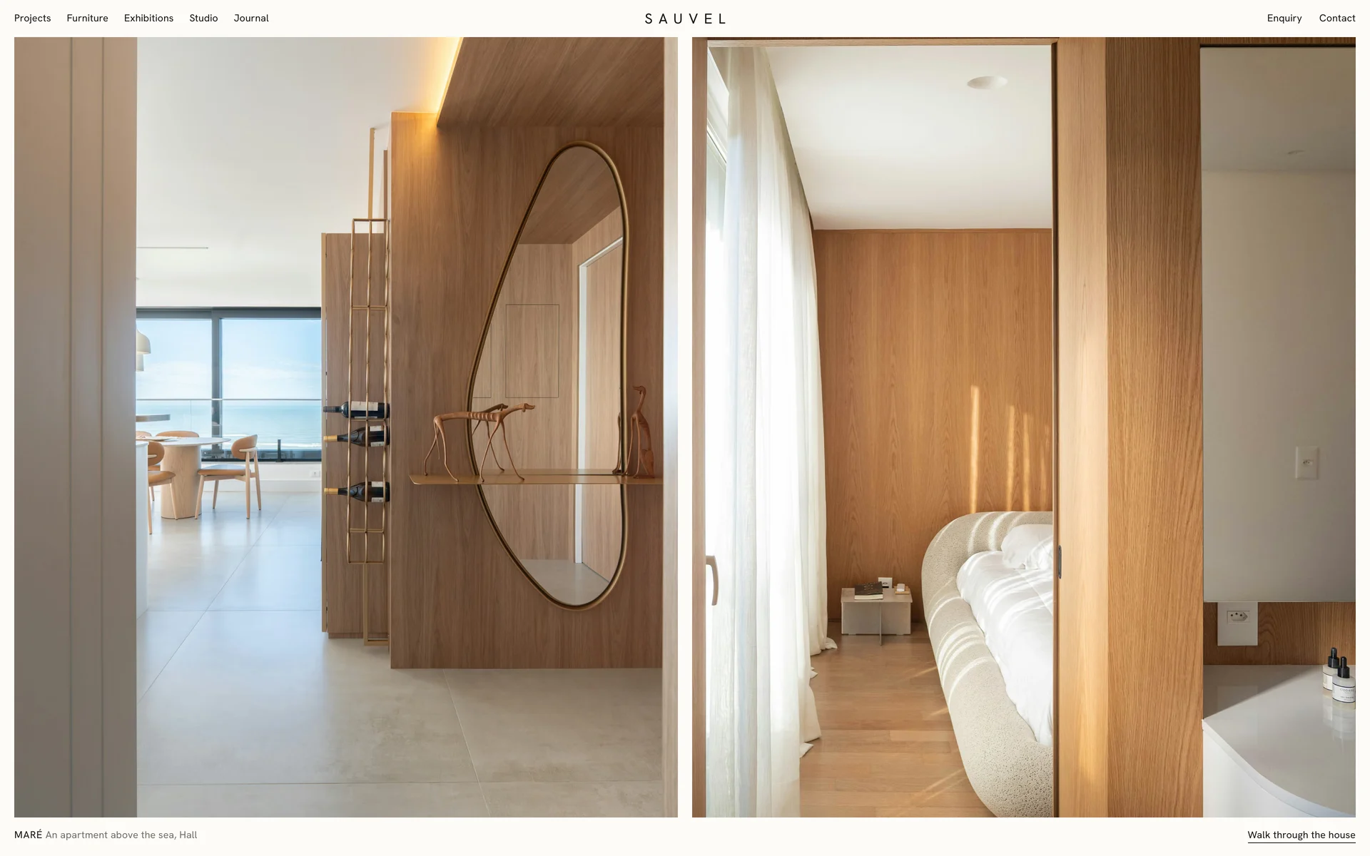 De homepage van Sauvel: twee foto's van een appartement met eiken wanden boven zee, een hal met een ovale spiegel en een slaapkamer, op een gebroken witte grond.